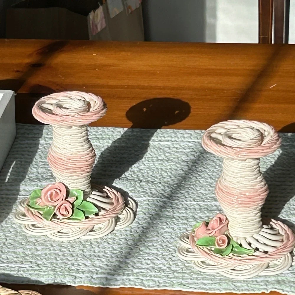 Whimsical Candlesticks Pair of 2 Rose Adorned Cream Pink 1991 Belleek Bev Sparks